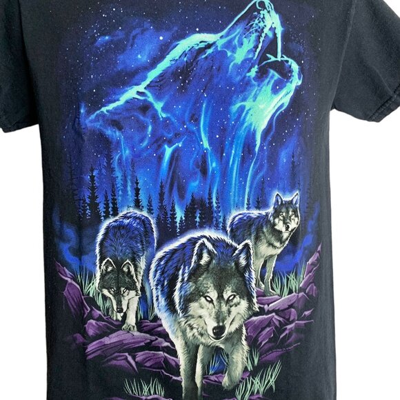Howling Wolf Northern Lights T Shirt S Black Graphic Crewneck Short Sleeves - Picture 2 of 7
